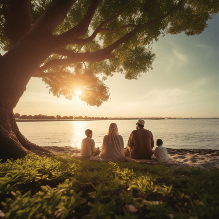happy_muslim_family_sitting_under_tree_at_waterfront