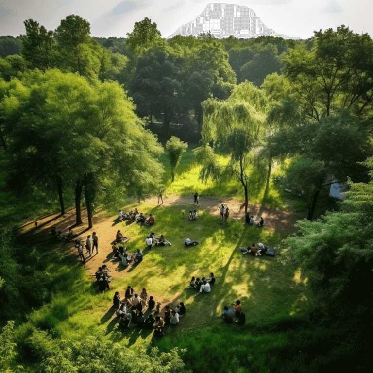 In_a_park_surrounded_by_green_shade_a_group_of_people