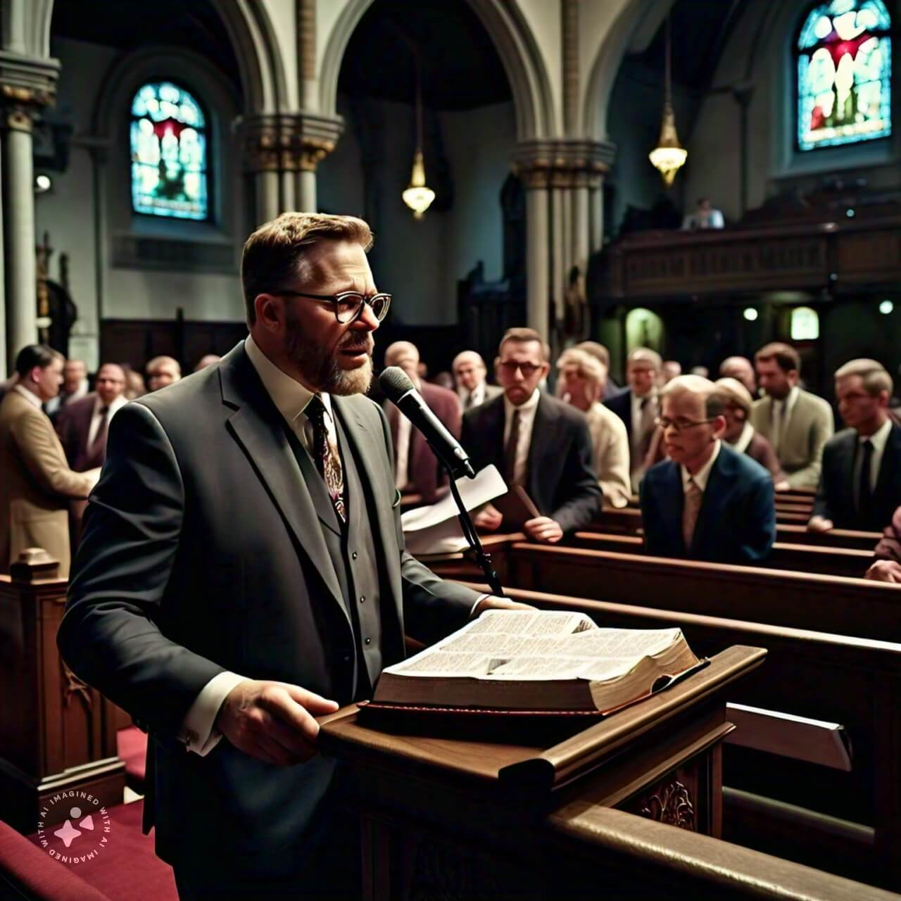 Sectarian Differences in Christianity 1 a christian man talks in front of a crowd of christians in a church hyperrealistic cinematic 1